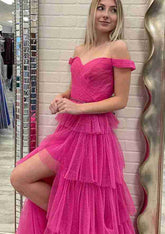 A-line Off-the-Shoulder Sleeveless Long Tulle Prom Dress With Beading Split Glitter-27dress